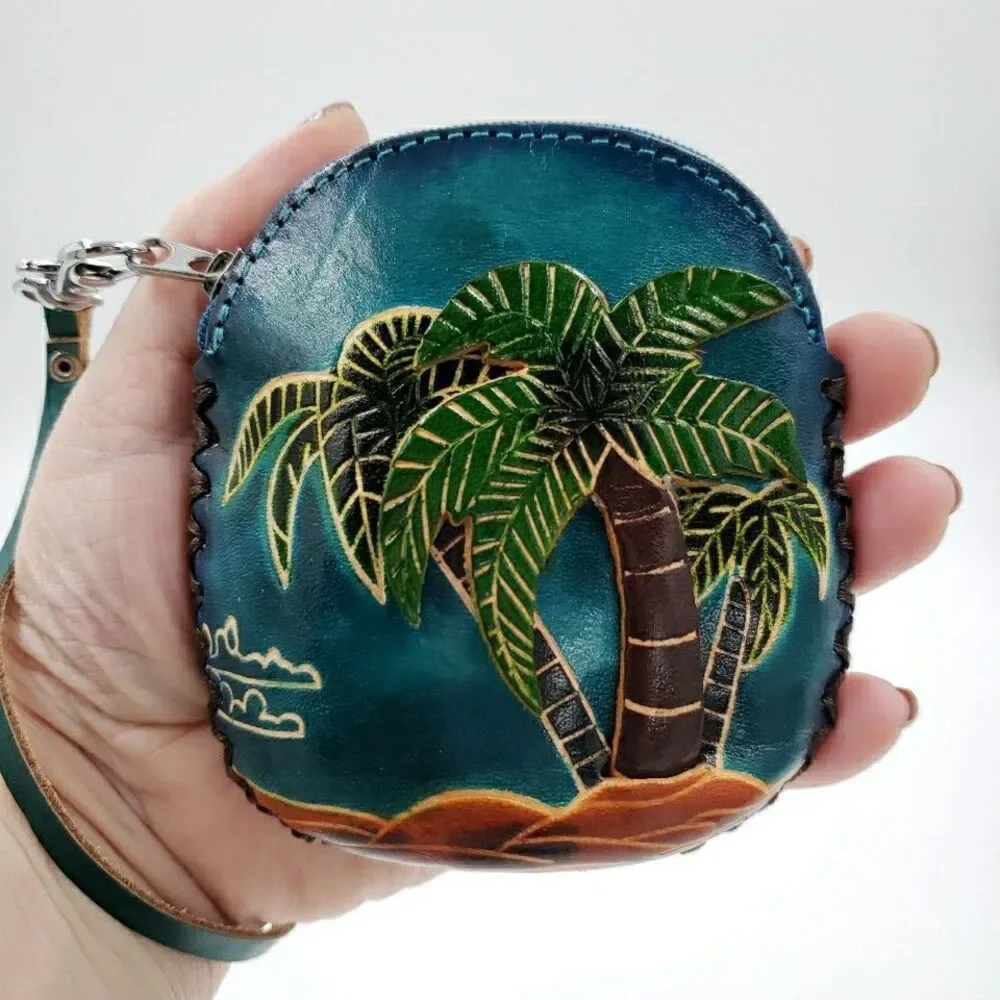 Tropical Palm Tree Wristlet Gift Card Holder Handmade Leather Surfer Mini Purse